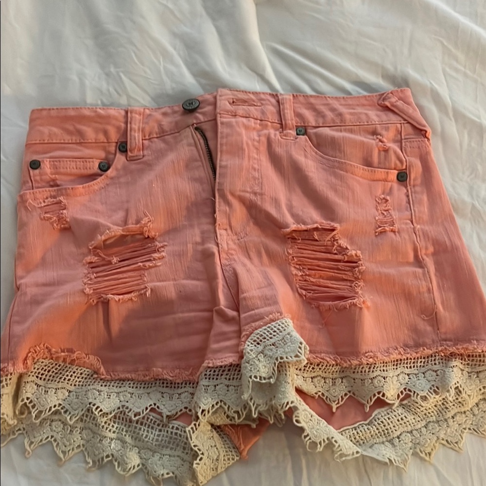 Women's Pink Distressed Lace Trim Shorts